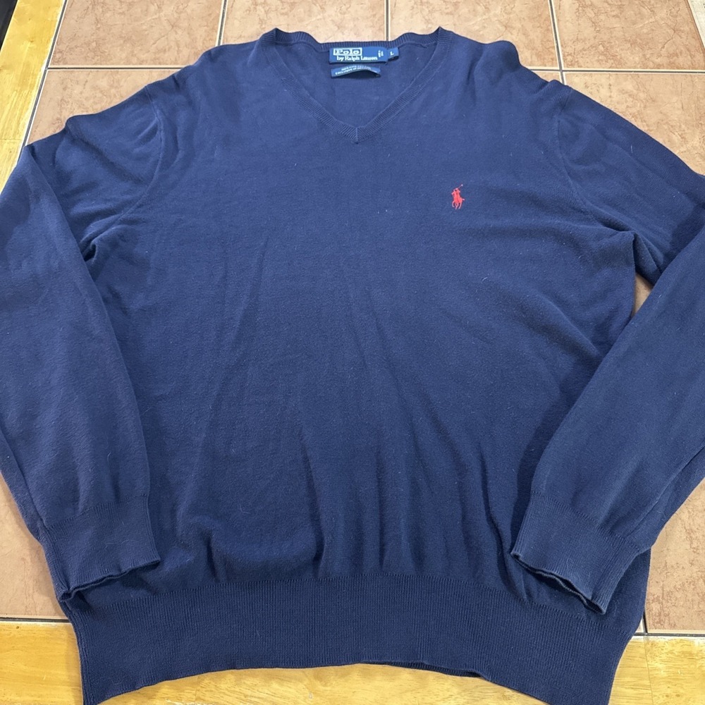 Polo Ralph Lauren Mens Sz Large V-Neck Pullover Blue Pima Cotton Sweater